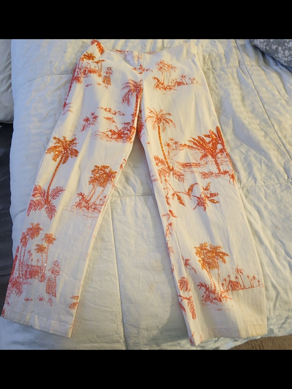 Tropical Beaded Print Capri Pants in White and Orange
